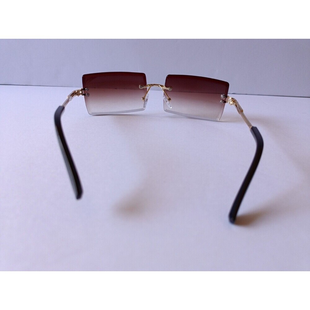 Rimless Rectangular Sunglasses Brown Tint Unisex Metal Frame - Picture 5 of 7